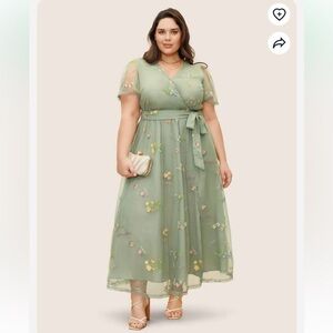 BloomChic Plus Size Overlap Collar Mesh Floral Embroidered Party Dress